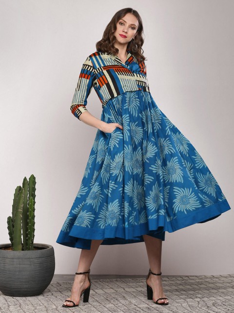

Sangria Women Blue Printed A-Line Dress