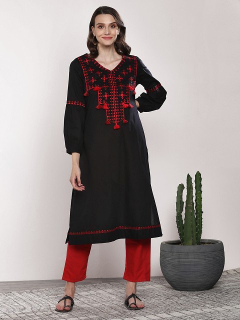 

Sangria Women Black Embroidered A-Line Kurta