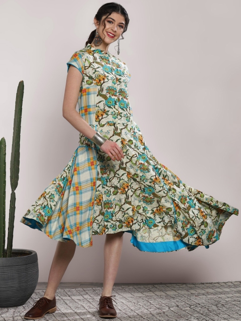 

Sangria Women Green Floral Printed Asymmetric Hem A-Line Ethnic Dress