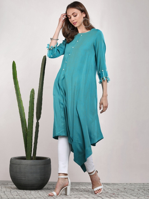 

Sangria Women Turquoise Blue Solid Asymmetric A-Line Kurta