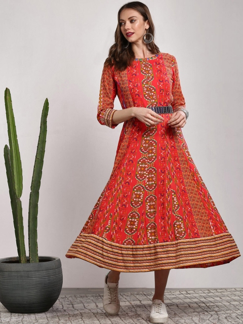 

Sangria Women Orange Printed A-Line Dress