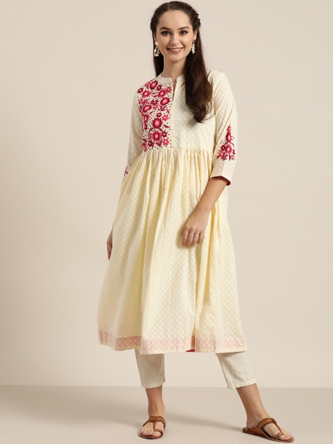 

Sangria Women Cream-Coloured & Pink Embroidered Detail A-Line Kurta