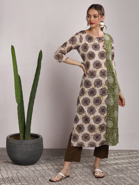 

Sangria Women Beige & Green Printed Straight Kurta