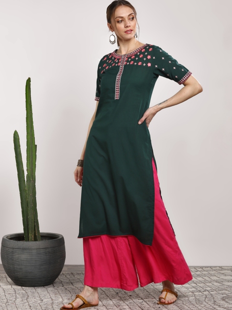 

Sangria Women Green Embroidered Straight Kurta