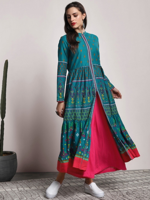 

Sangria Turquoise Blue & Orange Printed Anarkali Kurta