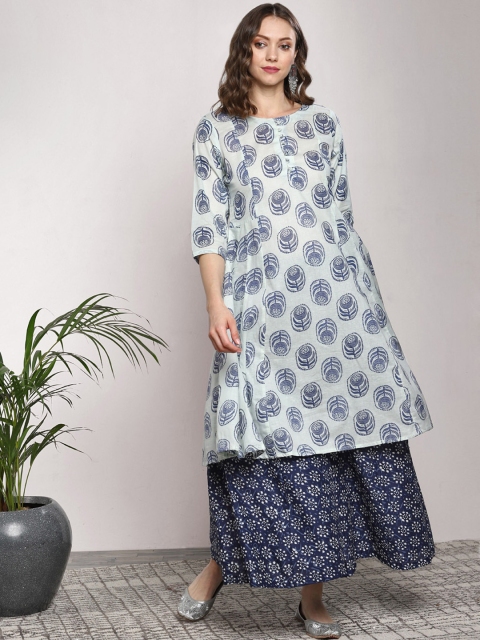 

Sangria Women White & Blue Printed Kurta with Palazzos