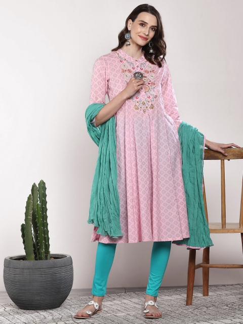 

Sangria Women Pink & Sea Green Printed Kurta with Churidar & Dupatta
