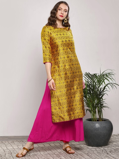 

Sangria Women Yellow & Fuchsia Woven Design Kurta with Palazzos