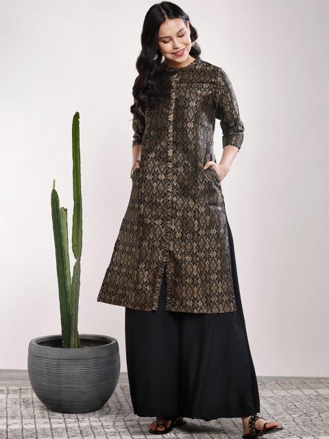

Sangria Women Black & Champagne Woven Design Kurta with Palazzos