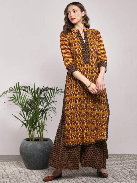 

Sangria Women Mustard Yellow & Brown Printed Kurta with Palazzos
