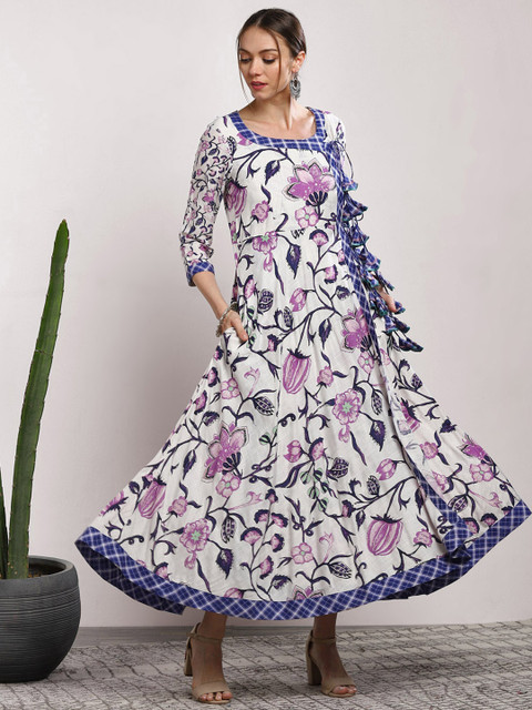 

Sangria Women White & Blue Printed Maxi Dress