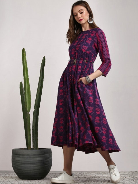 

Sangria Women Navy Blue & Pink Printed A-Line Dress