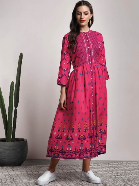 

Sangria Red Band Collar 3/4th Sleeves Mughal Printed Anarkali