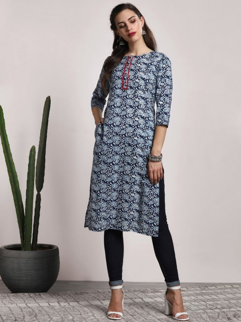 

Sangria Women Navy Blue & White Printed Straight Kurta