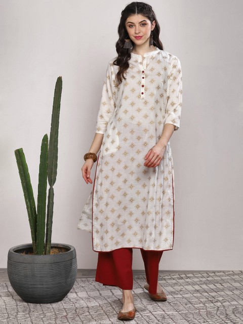 

Sangria Women Off-White Printed Kurta with Maroon Palazzos