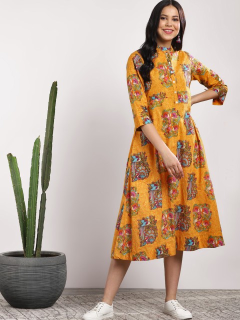 

Sangria Women Mustard Yellow Printed A-Line Dress