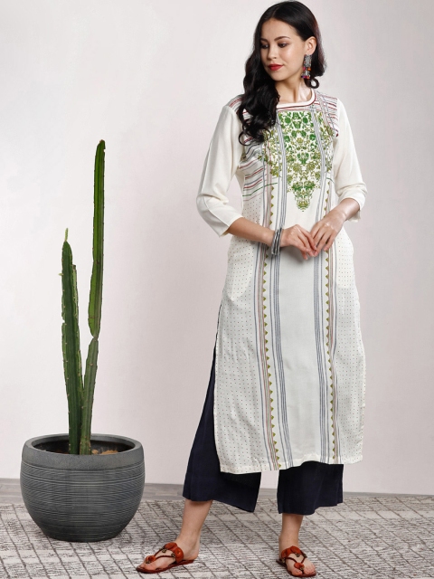 

Sangria Women White & Green Printed Straight Kurta