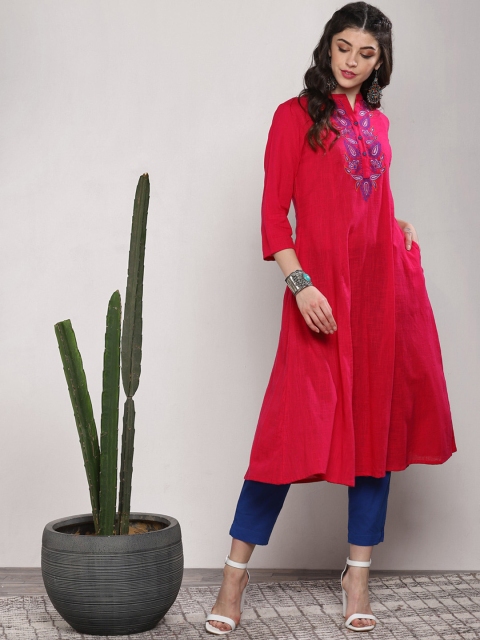 

Sangria Women Fuchsia Embroidered Kurta with Trousers