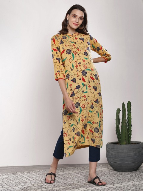

Sangria Women Yellow & Navy Blue Printed Straight Kurta