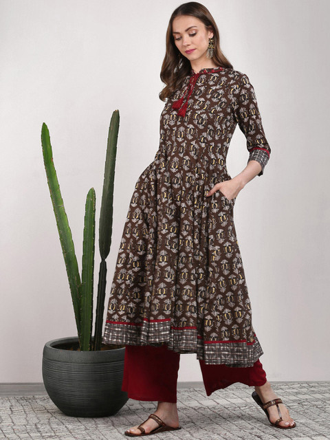 

Sangria Women Brown & Off-White Printed A-Line Kurta