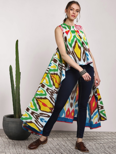 

Sangria Women Printed Round Neck High-Low Flared Sleevesless Tunic, Multi