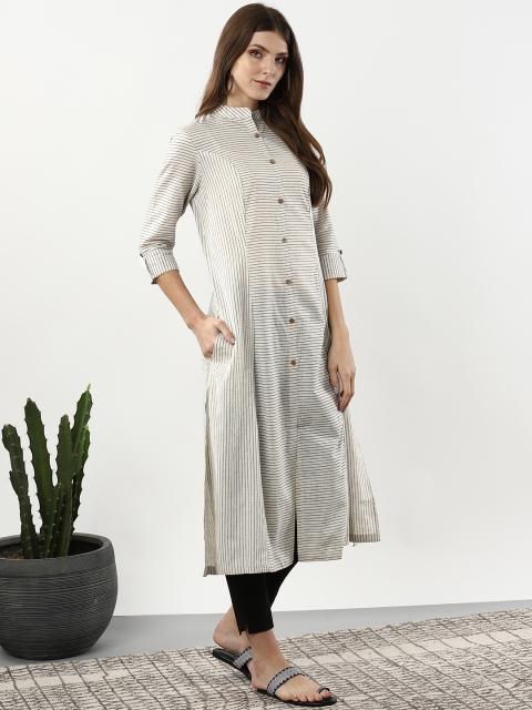 

Sangria Women Off-White & Navy Striped Straight Kurta
