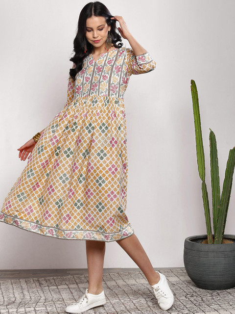 

Sangria Women Yellow Printed Fit and Flare Dress