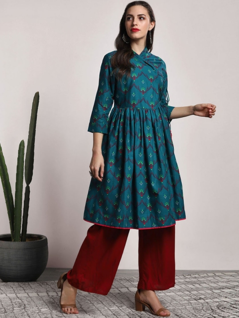 

Sangria Teal Blue Printed Anagrakha Kurta