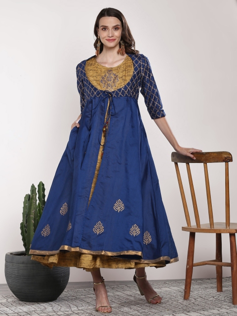 

Sangria Navy Printed Anarkali Kurta & Printed Chanderi Jacket, Navy blue