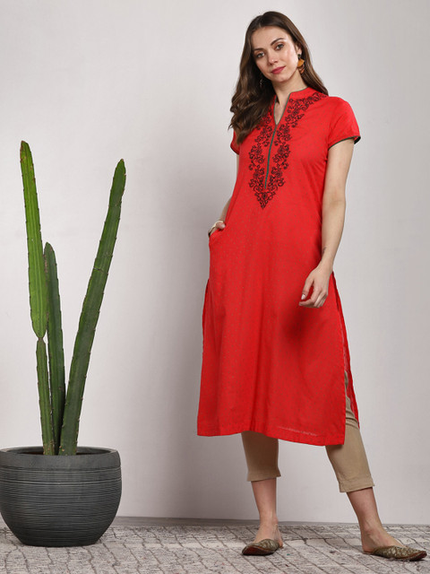 

Sangria Women Red Embroidered A-Line Kurta