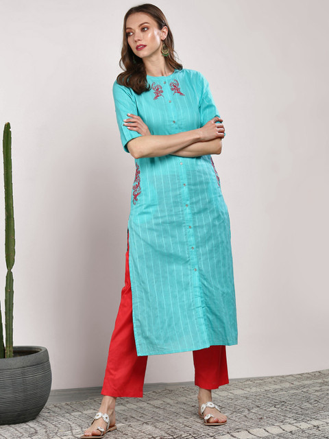 

Sangria Women Turquoise Blue Embroidered Straight Kurta