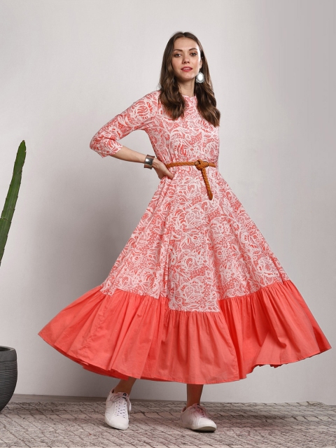 

Sangria Women Coral Printed Fit & Flare Dress