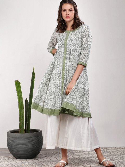 

Sangria Women Green & White Printed Anarkali Kurta with Palazzos