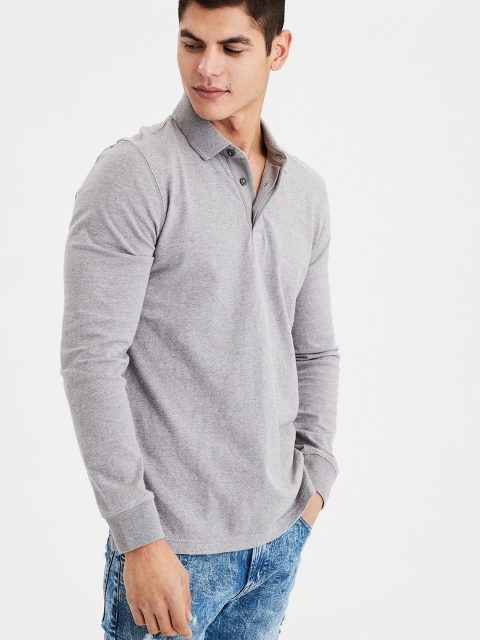 

AMERICAN EAGLE OUTFITTERS Men Grey Melange Solid Polo Collar T-shirt