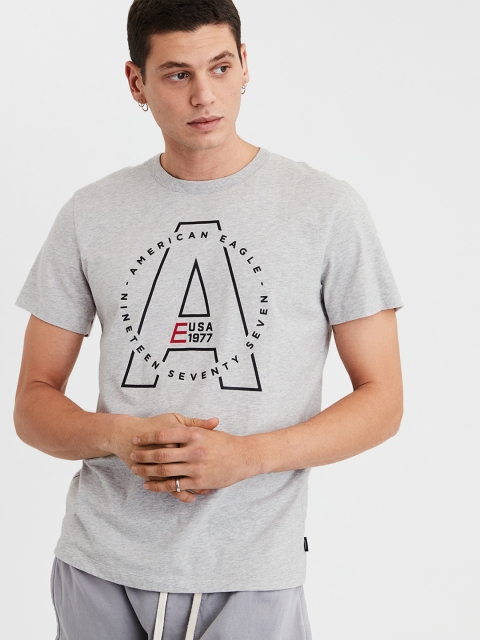 

AMERICAN EAGLE OUTFITTERS Men Grey Melange Printed Round Neck T-shirt