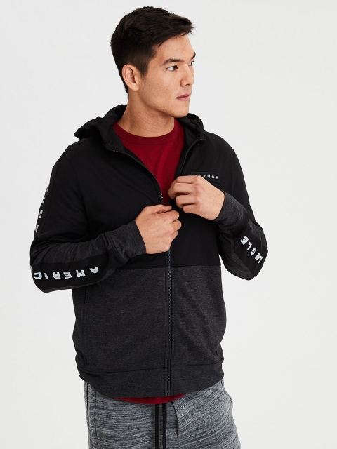

AMERICAN EAGLE OUTFITTERS Men Black & Grey Melange Colourblocked Hooded Sweatshirt