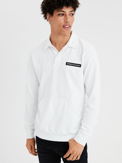 

AMERICAN EAGLE OUTFITTERS Men White Solid Polo Collar T-shirt