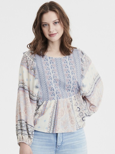 

AMERICAN EAGLE OUTFITTERS Women Off-White & Blue Self Design Top