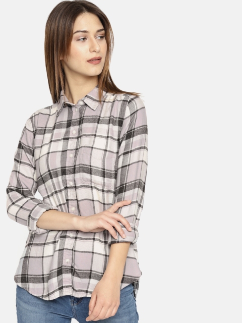 

AMERICAN EAGLE OUTFITTERS Women Black & Grey Boyfriend Fit Checked Shirt