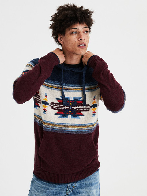 

AMERICAN EAGLE OUTFITTERS Men Maroon & Navy Blue Self Design Hooded Pullover