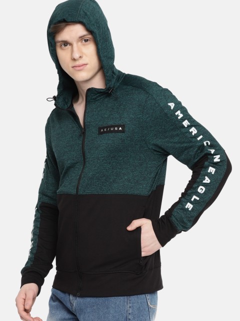 

AMERICAN EAGLE OUTFITTERS Men Black & Green Colourblocked Hooded Sweatshirt