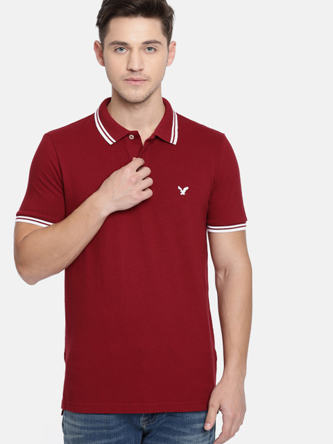 

AMERICAN EAGLE OUTFITTERS Red Solid Polo Collar Slim Fit T-shirt, Maroon