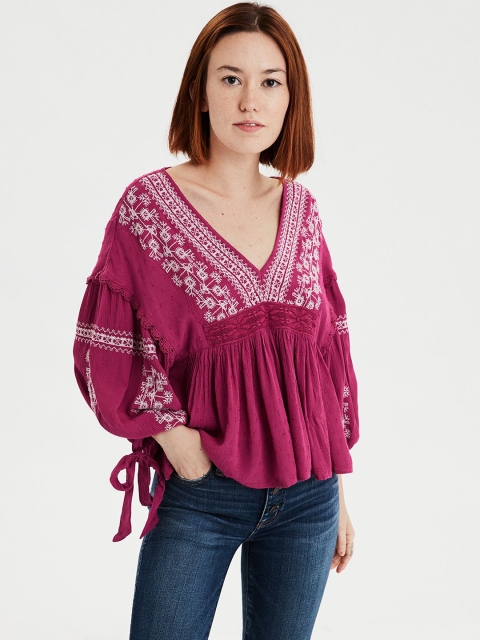 

AMERICAN EAGLE OUTFITTERS Women Burgundy Self Design A-Line Top