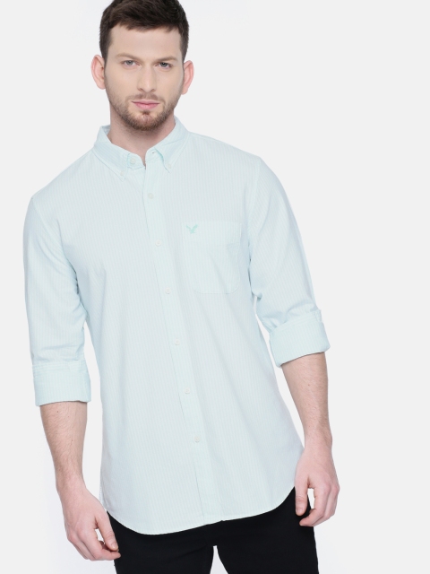 

AMERICAN EAGLE OUTFITTERS Men Green & White Slim Fit Striped Casual Shirt
