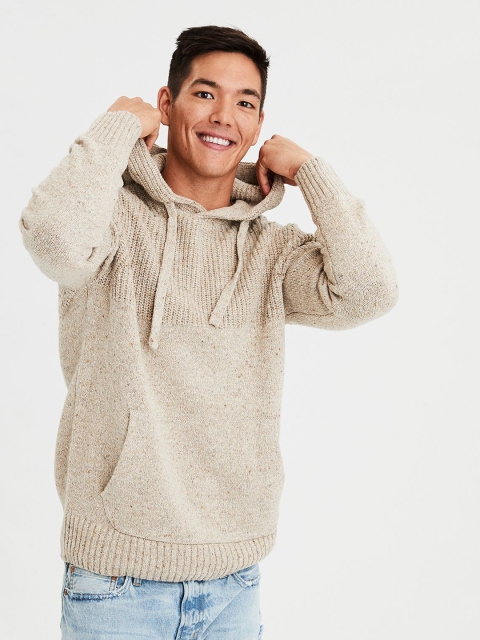

AMERICAN EAGLE OUTFITTERS Men Beige Solid Hooded Pullover