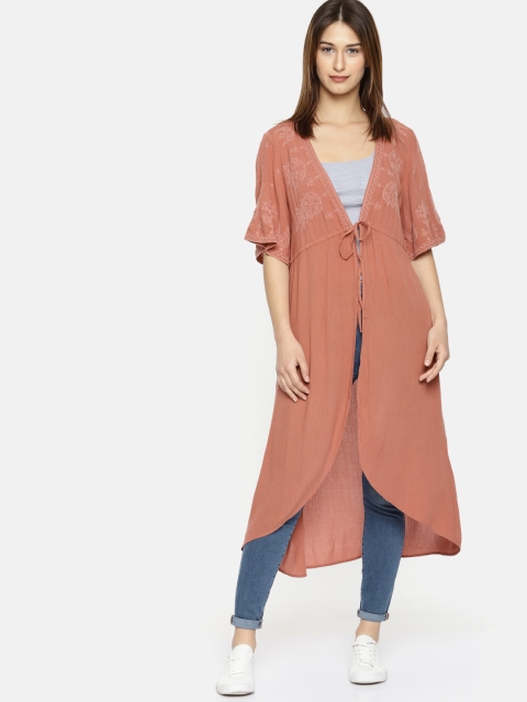 

AMERICAN EAGLE OUTFITTERS Peach-Coloured Embroided Longline Tie-Up Shrug