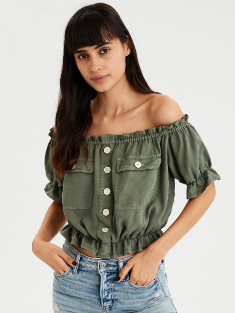 

AMERICAN EAGLE OUTFITTERS Women Green Solid Blouson Top