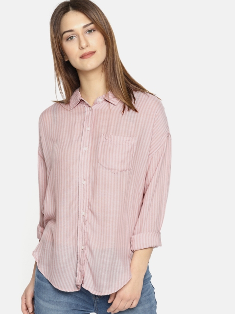 

AMERICAN EAGLE OUTFITTERS Women Mauve Oversized Fit Striped Casual Shirt