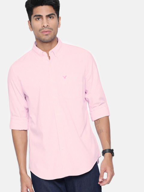 

AMERICAN EAGLE OUTFITTERS Men Pink & White Slim Fit Striped Casual Shirt
