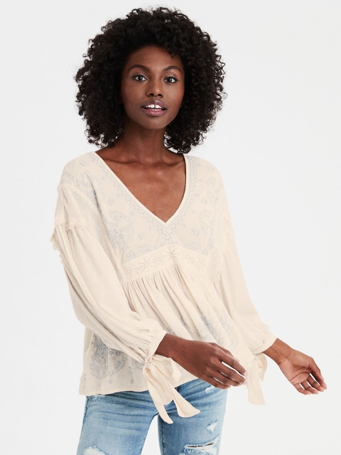 

AMERICAN EAGLE OUTFITTERS Women Off-White Embroidered A-Line Top